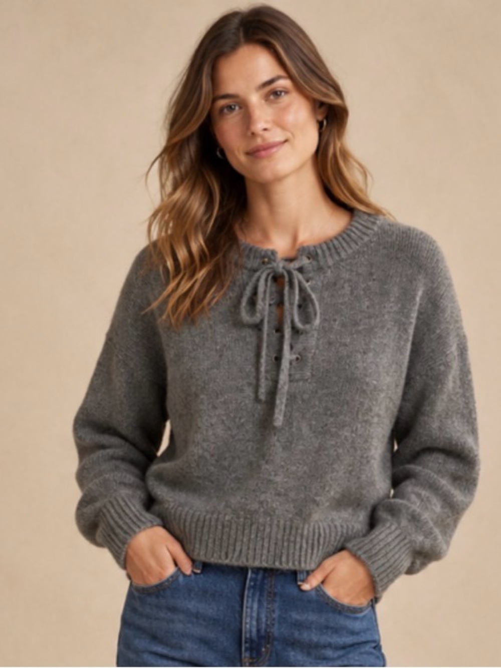 ZARA Wool & Mohair Blend Gray Lace-Up Sweater